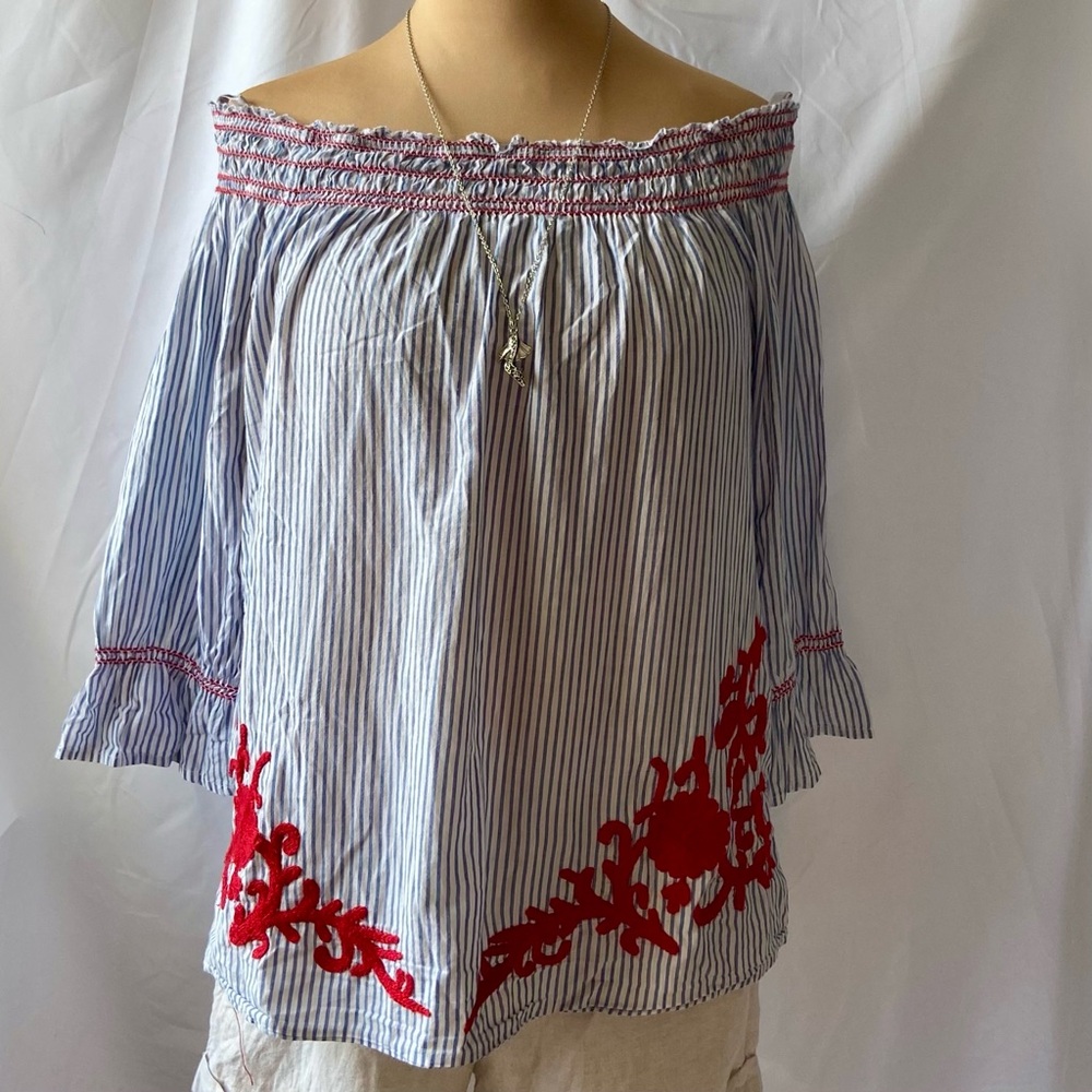 Westport Striped Off-Shoulder Long sleeve Top with Red Embroidery size L